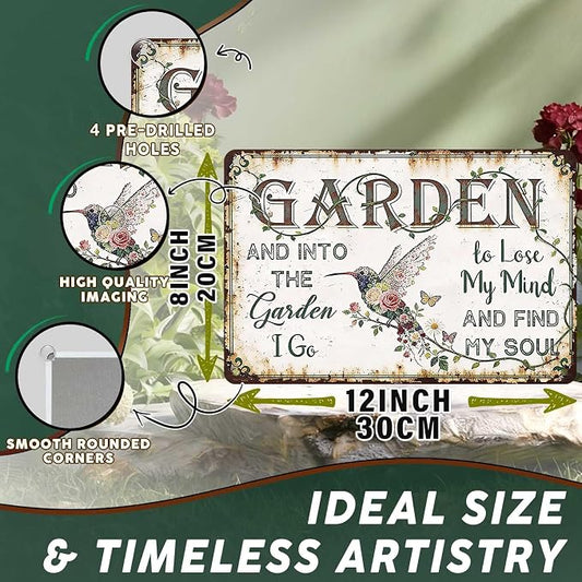 PEACHGARDEN Garden Signs Vintage Metal Sign Into The Garden To Lose My Mind Retro Gardening Poster Yard Wall Art Decor for Patio Greenhouse Backyard Cottage Outdoor 8x12 inch