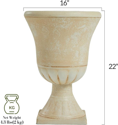 Worth Garden Plastic Urn Planters for Outdoor Plants, Tree 22'' Tall 2 Pack Round Classic Resin Flower Pots Indoor Beige Traditional Front Porch 15 in Dia. Large Imitation Stone Decorative Patio Deck