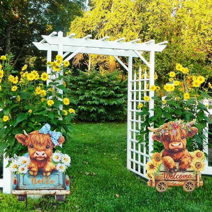 hogardeck Garden Decor for Outside, Set of 2 Metal Highland Cow Decorative Garden Stakes with Sunflower for Yard Decor, Welcome Sign Yard Art for Outdoor Lawn Porch Backyard Spring Decorations