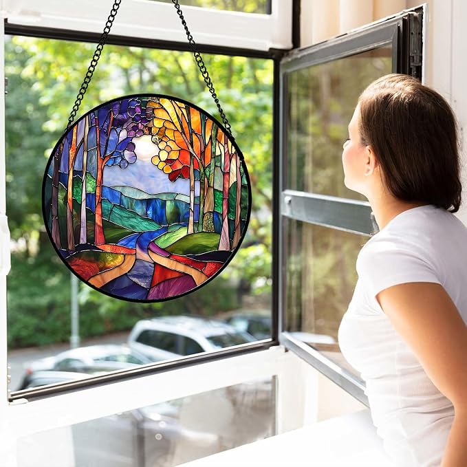 DASTOLL Stained Glass Window Hanging, Colorful Forest Landscape Tree Suncatcher for Doors Window Home Abstract Sun Catchers Decoration Mother's Day Birthday Gifts for Women, Men, and Mom 9.8 in