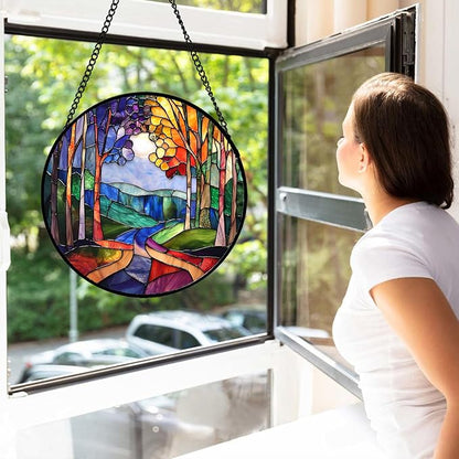 DASTOLL Stained Glass Window Hanging, Colorful Forest Landscape Tree Suncatcher for Doors Window Home Abstract Sun Catchers Decoration Mother's Day Birthday Gifts for Women, Men, and Mom 9.8 in