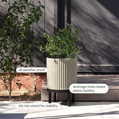 Veradek Demi Series Round Planter w/ Stand for Porch/Patio | Durable Plastic-Concrete & Wooden Stand | Modern Décor for Tall Plants, Flowers