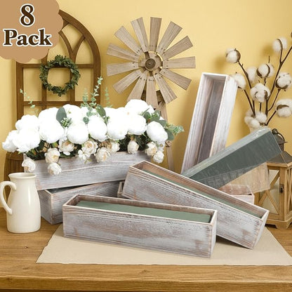 Sintuff 8 Set Rectangle Wooden Planters, 17 x 4 Inch Wood Boxes with Removable Plastic Liner & Floral Foam Blocks, Rustic Wood Planter for DIY Centerpieces Home Wedding Garden Bookshelf Decor