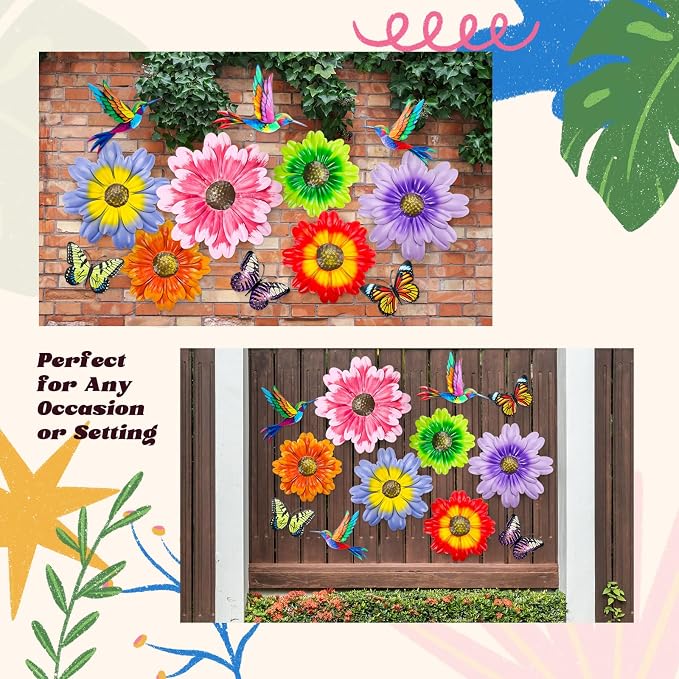 Colingmill 12 Pack Metal Flowers Butterfly Hummingbird Wall Art Decor 3D Metal Outdoor Wall Hanging Sculptures Decoration for Outdoor Garden Fence Yard Patio Indoor Living Room Balcony (Pink)