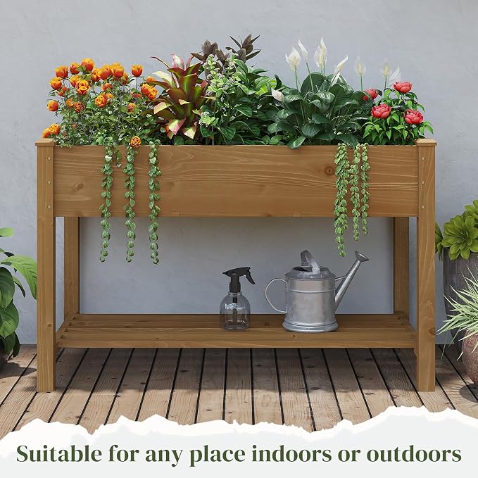 PL 48x24x30.5IN Raised Garden Bed with Legs Elevated Wooden Planter Box Stand Large Planter Stand Box for Fruits Vegetables Flowers Herbs w/Divider Liner (Brown-M)