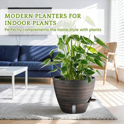ZMTECH 10 Inch Self Watering Pots for Indoor/Outdoor Plants, 4 Pack Bronze Large Plastic Planter with Water Level Indicator, Drainage Hole & Removable Saucer for Garden Flowers, Deco Plant Container