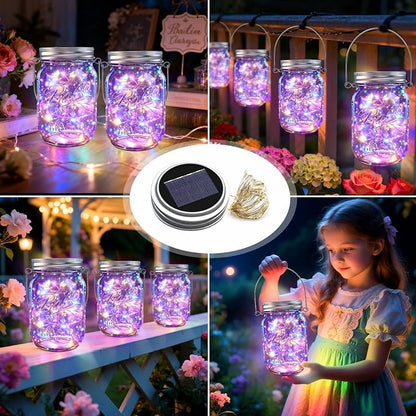 Solar Mason Jar Lights, 12 Pack 30 LED Firefly Fairy String Lights, Waterproof Outdoor Solar Mason Jar Lid Lights with Hangers(NO Jars) for Patio Garden Yard Wedding Decoration - Multicolor