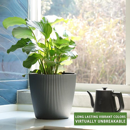Dexceder 11x10 Self Watering Planters Indoor (2 Pack, Gray) | Inner Mat Design, Table Flower Plant Pot with Water Level Indicator