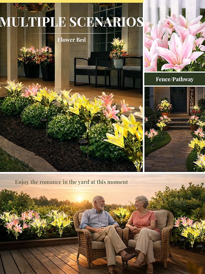 GIGALUMI Solar Garden Lights, 8 Pack LED Lily Garden Decor Carefree Solar Flowers Outdoor Waterproof, Yard Decorations Outdoor, Allergy-Free Light up Flowers for Yard Patio (4Pink, 2White, 2Yellow)