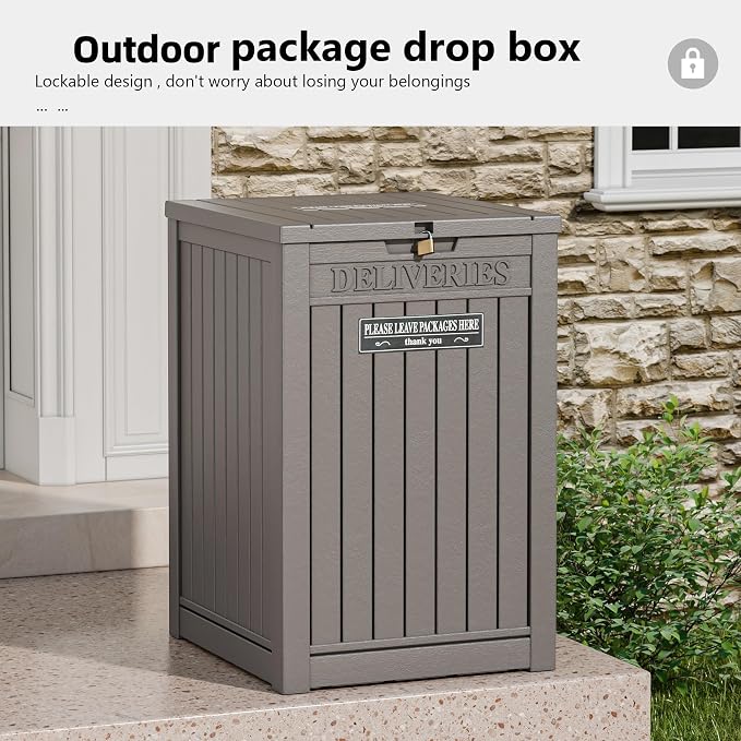 Package Delivery Box for Outside, Storage Box with Lockable Secure, Outdoor Resin Package Drop Container Waterproof for Backyard, Garden, Patio & Lawn, Grey