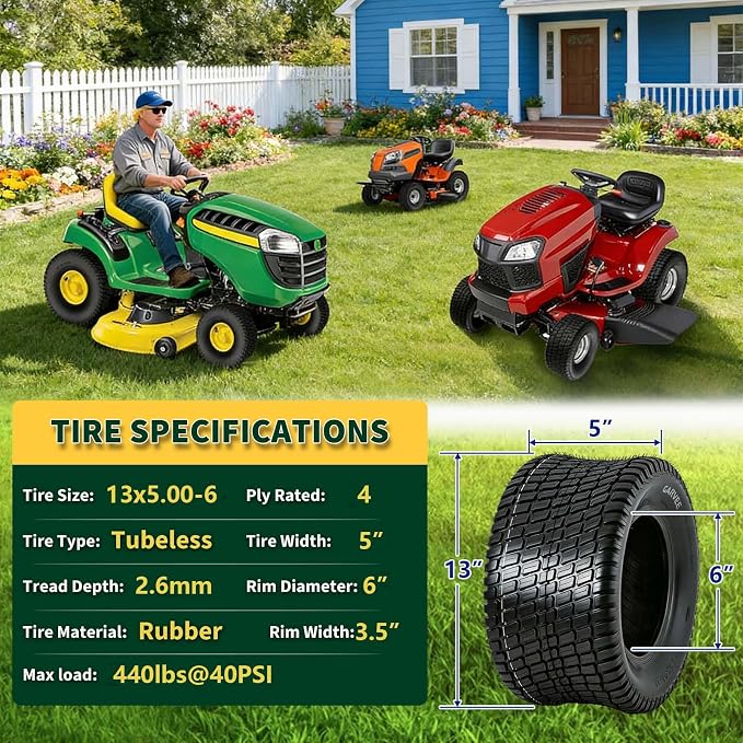 GarveeLife 13x5.00-6 Lawn Mower Tires (Set of 2) - 13x5.00x6 4-Ply Tubeless Garden Tractor Turf Tires, 440 LB Load Capacity, 40 PSI, for Mowers & Yard Carts