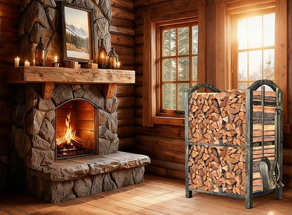 AMAGABELI GARDEN & HOME Firewood Rack Indoor with Tools 5-Piece Fireplace Tools Set Wood Holder Outdoor Wrought Iron Log Holder Firewood Storage Rack for Fireplace,Fire Pit,Wood Stove Bronze