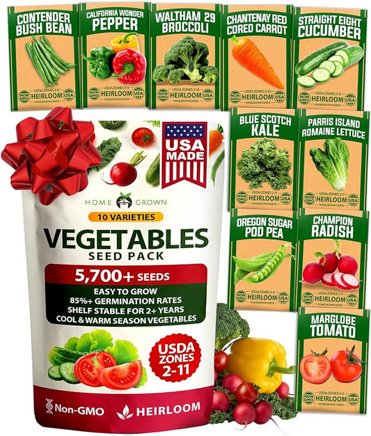 HOME GROWN 10 Variety Seed Vault 5,700+ USA Grown Heirloom Non-GMO Vegetable Seeds for Planting, High Germination, Garden Starter Kit, Emergency Food Supply, Indoor Outdoor