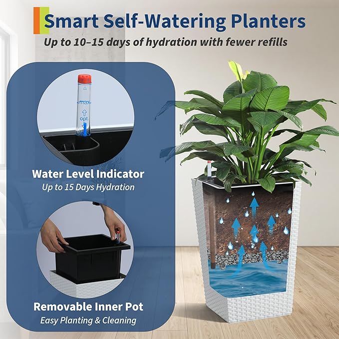 Garvee 16 Inch Outdoor Planters, Set of 2 Tall Planters, White Large Planters for Indoor Outdoor Plants, Flower Pots with Drainage & Water Level Window for Porch, Patio & Balcony