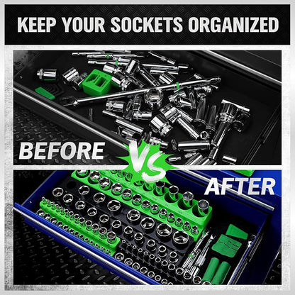 Magnetic Socket Organizer Holder Tool: 8PCS Set includes 2PCS 1/4", 4PCS 3/8", 2PCS 1/2" Drive Socket Storage Trays Toolboxs, Holding 199 Slots Soft Rubber Covering Black Green (sockets not included)