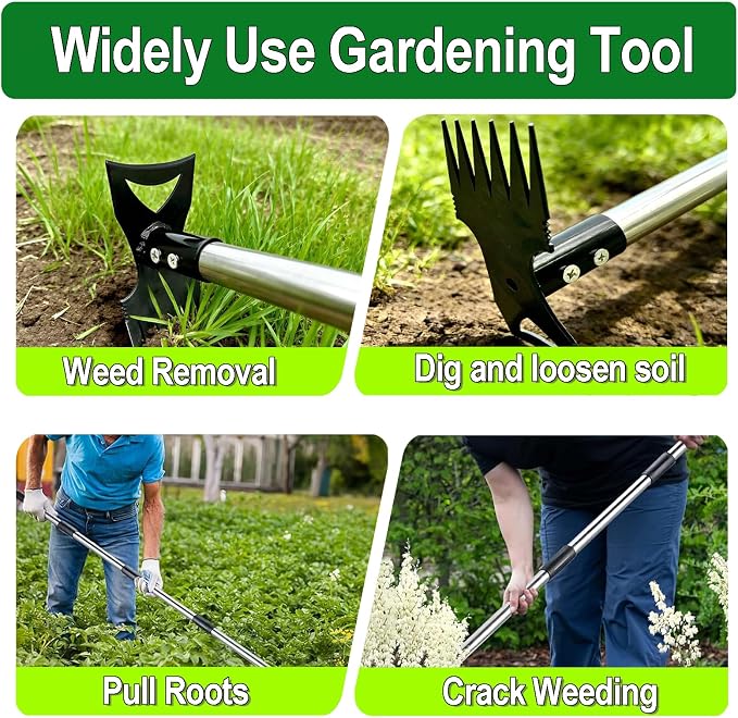 Stand Up Weed Puller Tool with 58" Adjustable Long Handle, 2 in 1 Heavy Duty Manual Weeder & Garden Hoe, 4-Claw Steel Head Weed Remover with Gloves for Yard Lawn Patio Flower Bed