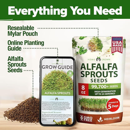 HOME GROWN Alfalfa Sprout Seeds 8 oz Bulk Heirloom Non-GMO, USA Sourced, High Germination, Fast Growing Microgreens, Nutrient Dense Sprouting Seeds for Sandwiches & Salads, Indoor Garden