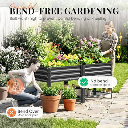 KING BIRD Large Raised Garden Bed with Legs & Storage Shelf Galvanized Elevated Planter Box for Backyard, Patio, Balcony, 600lb Capacity, Dark Grey 70.9x22.8x31.5 in