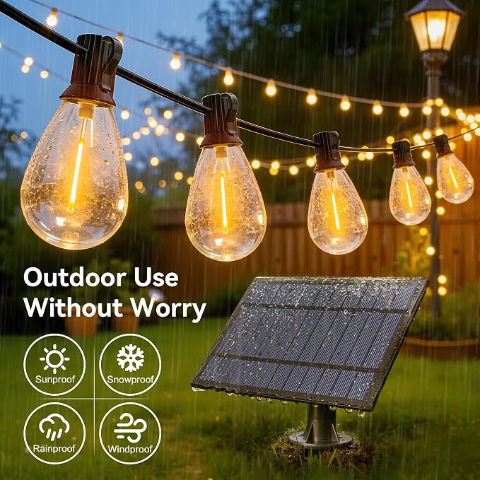 Ollny S11 100FT Solar String Lights Outdoor with Remote, Waterproof Dimmable Patio Lights with Timer & 3 Lighting Modes, 35 Shatterproof Edison Bulbs, String Lights for Outside Backyard Party Decor