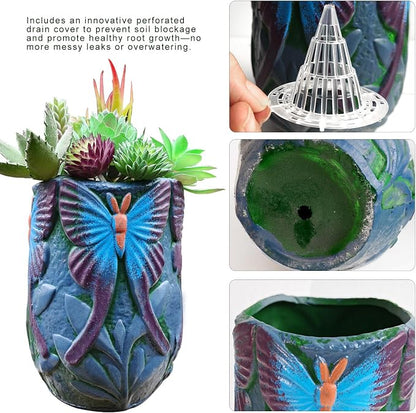 Ceramic Flowerpot– Oval Thick Rough Dark Green Flower Pot with Perforated Drainage Cover, Butterfly Decorative Indoor Outdoor Plant Container