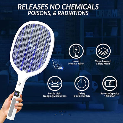 WBM SMART 2 in 1 Electric Bug Zapper, Mosquitoes Trap Lamp & Racket, USB Rechargeable Electric Fly Swatter for Home and Outdoor Powerful Grid 3-Layer Safety Mesh Safe to Touch, Pack of 2