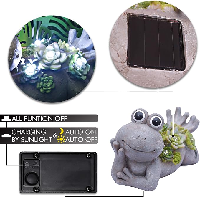 TERESA'S COLLECTIONS Garden Decor, Cute Frog Garden Statue with Solar Light, Waterproof Resin Garden Statue, Frog Gifts, Garden Gifts for Women Mom, Indoor/Outdoor, 5.5"