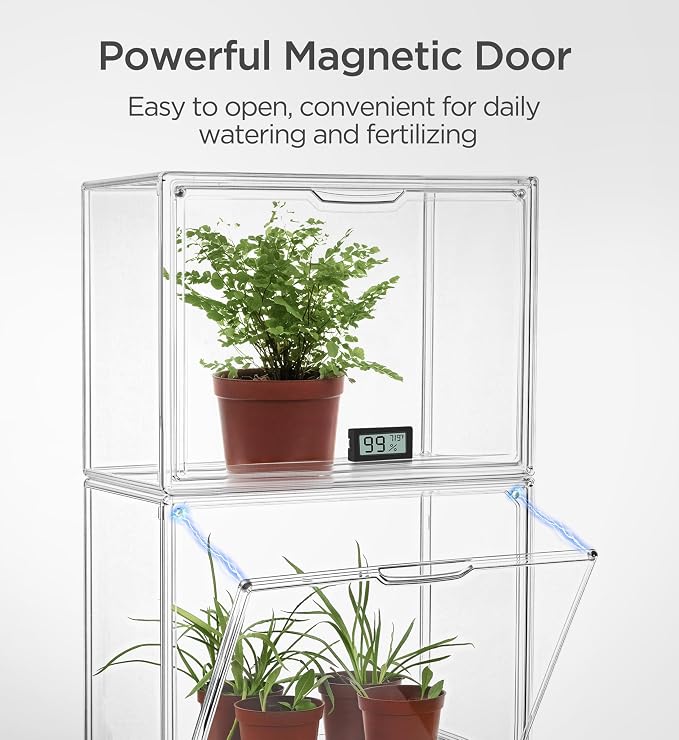 HBlife Mini Greenhouse for Indoor, Clear Stackable Green House with Magnetic Waterproof Door for Small Plants Nursery Germination and Display, Tabletop Portable Greenhouse, 14.1x8.6x10.6 Inch (1 Pack)