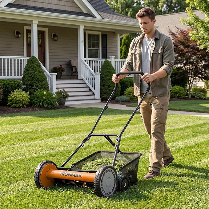 Goplus 18 Inch Push Reel Lawn Mower, 5-Blade Manganese Steel Manual Grass Cutter, 4-Position Adjustable Height, Removable Grass Catcher, Quiet No-Motor Walk-Behind Mower for Yard, Lightweight