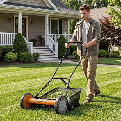 Goplus 18 Inch Push Reel Lawn Mower, 5-Blade Manganese Steel Manual Grass Cutter, 4-Position Adjustable Height, Removable Grass Catcher, Quiet No-Motor Walk-Behind Mower for Yard, Lightweight