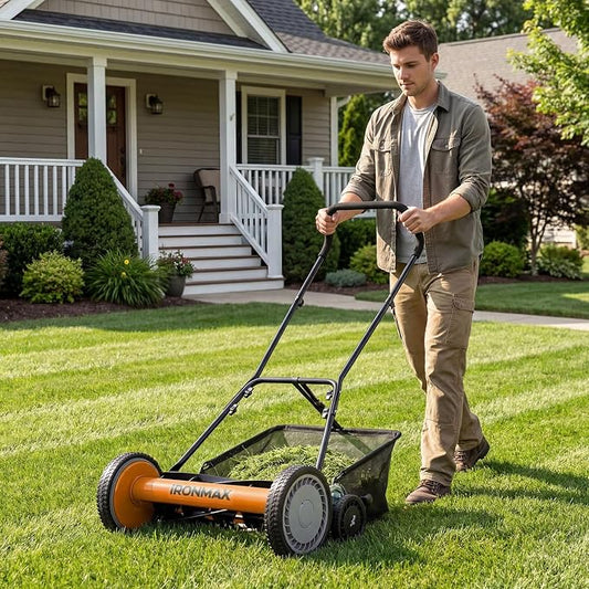 Goplus 18 Inch Push Reel Lawn Mower, 5-Blade Manganese Steel Manual Grass Cutter, 4-Position Adjustable Height, Removable Grass Catcher, Quiet No-Motor Walk-Behind Mower for Yard, Lightweight