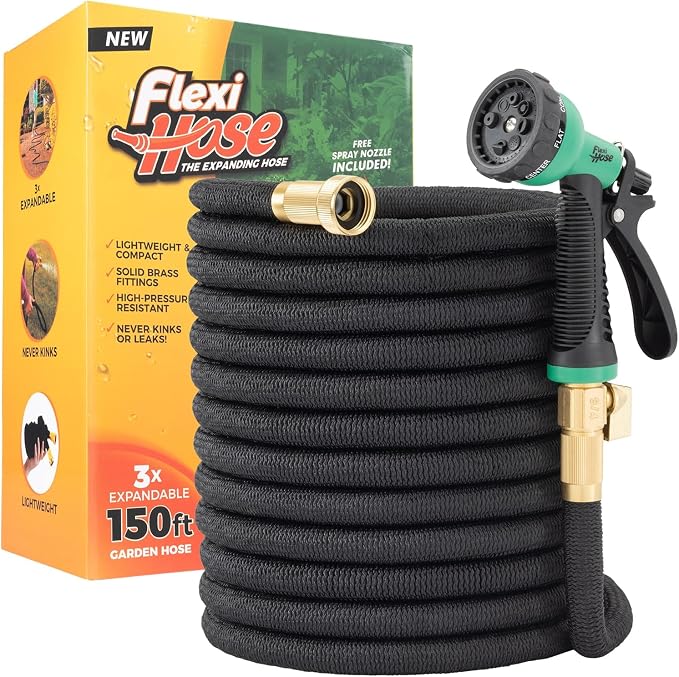 Flexi Hose Expandable Garden Hose with 8 Function Nozzle, 150FT - Lightweight Retractable Garden Hose, Water Hose - No-Kink Flexibility, 3/4 Inch Solid Brass Fittings and Double Latex Core
