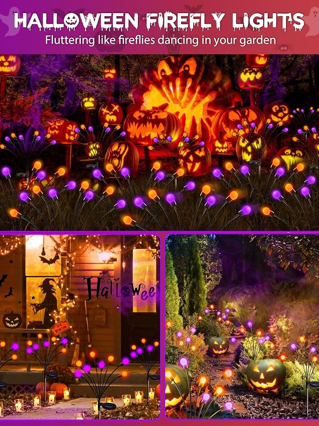 Halloween Decororations Outdoor Solar Firefly Lights 6 Pack Orange Purple | 2 Lighting Modes, Auto On/Off, 48 LED Sway with Wind, Waterproof Halloween Cpreepy Decor for Outside Graveyard Garden Pathway