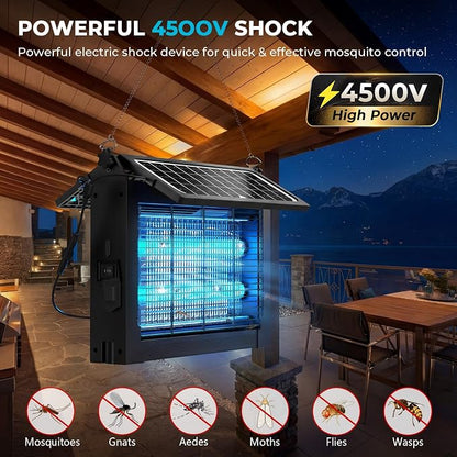Upgraded Solar Bug Zapper Outdoor with Dual Panels, 4500V Cordless Rechargeable Fly Insect Killer Waterproof Electric Mosquitoes Zapper for Patio Garden Backyard RV Camping Pond