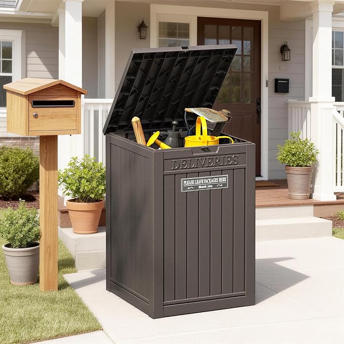 Package Delivery Box for Outside, Storage Box with Lockable Secure, Outdoor Resin Package Drop Container Waterproof for Backyard, Garden, Patio & Lawn, Brown