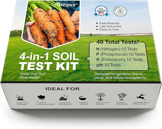 AAwipes Soil Test Kit for 4-in-1 pH, Nitrogen(N), Phosphorus(P), Potassium(K) Levels – 40 Tests for Garden, Lawn, Yard & Plant Care – Reliable Nutrient Tester with Sampling Accessories
