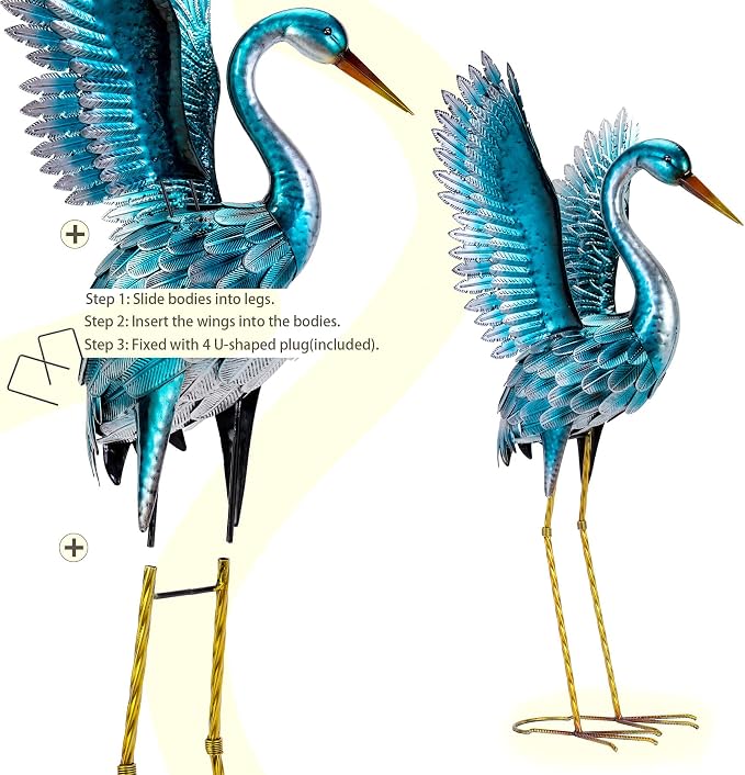 Natelf Garden Crane Statues for Outdoor, Blue Heron Decoy Courtyard Sculptures, Standing Metal Bird Yard Art for Patio Pond Backyard Decor(Set of 2)