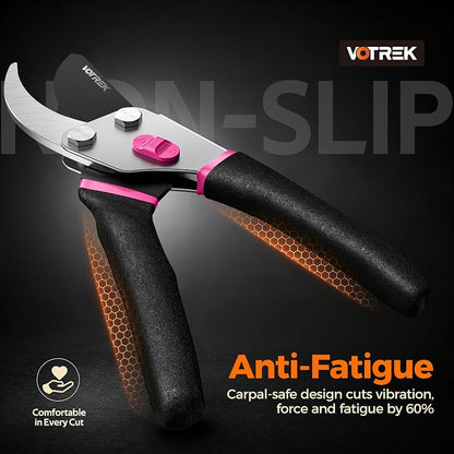 VOTREK® Pruning Shears, 8.5” Professional Garden Pruner with Jam-Proof Spring & Ever-Sharp SK5 Blade, Ergonomic Bypass Clippers for Rose, Tree, Heavy Duty Bonsai Scissor for Weak Hand