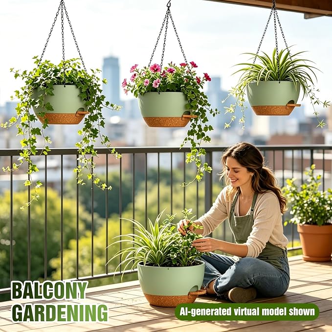 10 Inch Self-Watering Hanging Planters Set of 3 with Saucers | Set of 3 10-inch self-watering hanging planters with extra growing space, side-fill ports, chain hangers & snap-on saucers