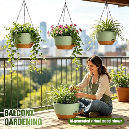 12 Inch Large Self Watering Hanging Planters 2 Pack with Saucers | Set of 2 12-inch self-watering hanging planters with extra soil capacity, side-fill ports, chain hangers & snap-on saucers