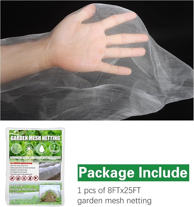 SnugNiture 3 Pack Garden Netting 8x24FT Ultra Fine Mesh Mosquito Netting Plant Covers, White Bird Netting Barrier Greenhouse Row Cover Protect Fruits Flower Vegetables from Birds Deer & Squirrels