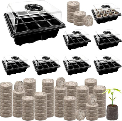 Halatool 8 Pack Seed Starter Tray with 100 PCS Peat Pellets, 96 Cells Black Seeding Starter Trays for Organic Seed Starter Soil Pods for Planting Vegetables Plants Flowers - Starting Seeds Kit