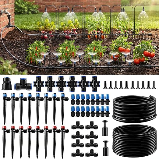 Drip Irrigation System Kit, 230FT Garden Watering System with 33FT 1/2" Main Line and 197FT 1/4" Drip Line, Adjustable Emitters and Quick-Connect Fittings for Raised Beds, Lawn, Greenhouse