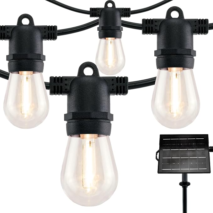 YULETIME 35 ft 18 LED Patio String Lights Solar Powered, E26 Base S14 Bulbs | Shatterproof Bulbs, Dimmable, Weatherproof Socket, Pre-assembled, Backyard Bistro Outdoor Light