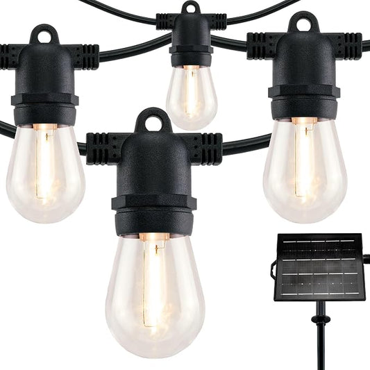 YULETIME 35 ft 18 LED Patio String Lights Solar Powered, E26 Base S14 Bulbs | Shatterproof Bulbs, Dimmable, Weatherproof Socket, Pre-assembled, Backyard Bistro Outdoor Light
