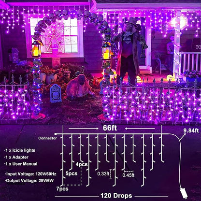 66ft Purple Christmas Lights Outdoor Indoor, 640 LED Icicle Lights for Outside Twinkle Christmas Lights with 120 Drops Clear Wire Timer 8 Modes for House Party Tree Yard Patio Eaves Holiday Decoration