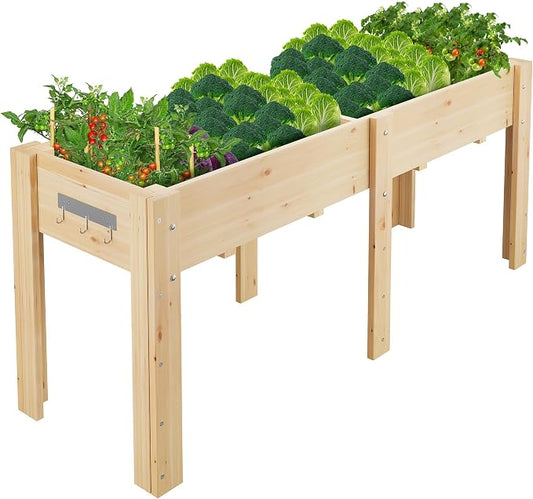 72x 23x30IN Raised Garden Bed Outdoors with High Legs & Hooks, Non-Woven Liner, Elevated Wooden Large Planter Box for Backyard, Patio, Balcony w/Divider Panel, 6 Legs, 300lb Capacity