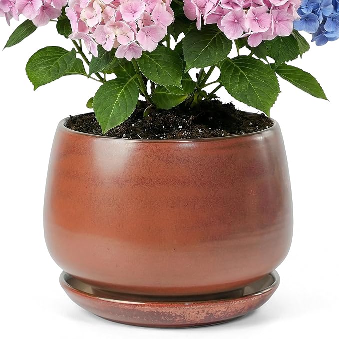 10.3 Inch Flower pots for Indoor Outdoor Plants with Saucer Drainage Leak-Proof Mesh, Ceramic Planter with Gardening Gloves for Succulent and Flower (Iron-red)