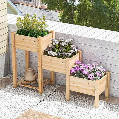 HAPPYGRILL 3-Tire Raised Garden Bed, Wooden Raised Planter Box with 3 Planter Boxes, Drainage Holes, Open Storage Shelf, Outdoor Garden Bed with Legs for Plant, Fruit, Vegetable, Flower, Herb