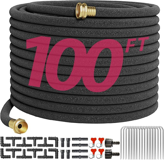 Soaker Hose 100FT 1/2 Inch Premium Kit with Solid Brass Connectors & Stakes, for Deep Root Watering in Flower Beds & Landscaping