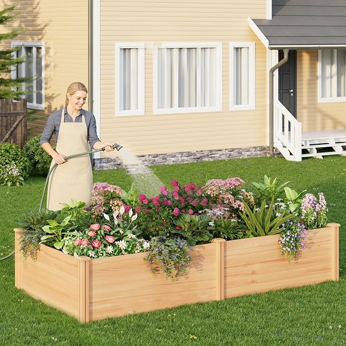 Raised Garden Bed for Outdoor, 8x4 Ft Wood Garden Bed with 15 Inch Depth for Flowers/Vegetables/Herbs in Backyard Patio Outdoor, Open Base Bottom Planter Box